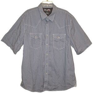 Wrangler Mens XL Short Sleeve Western Pearl Snap Shirt Geometric Pattern Blue